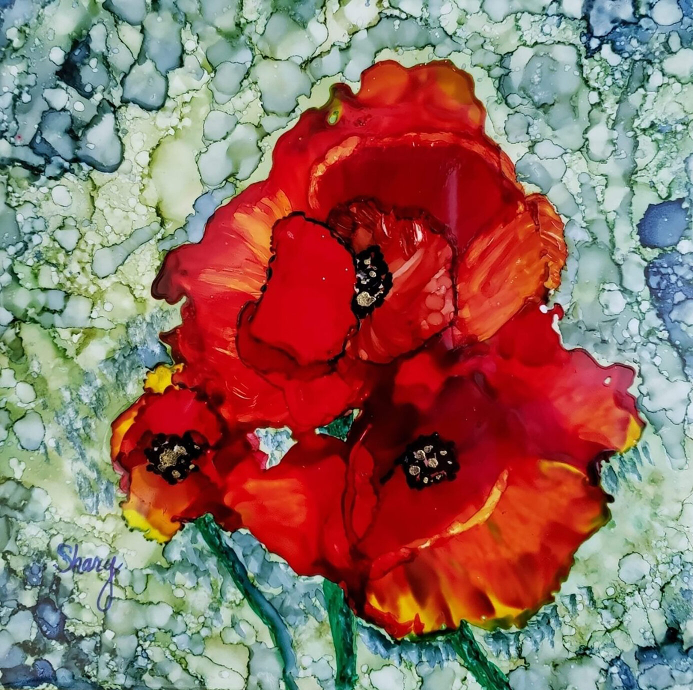 Alcohol ink tile by Shary Weckwerth. [Photo by Shary Weckworth}